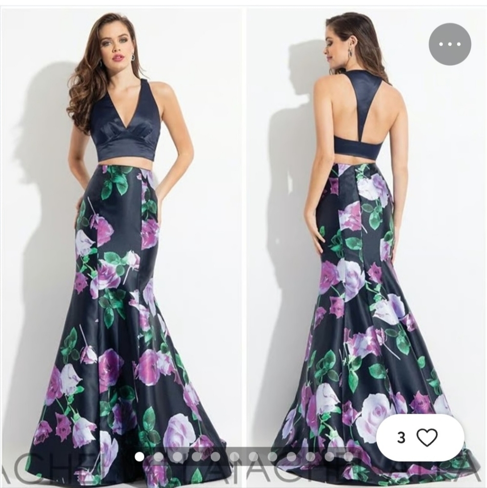 Rachel Allan 6134 Navy Blue Floral Rose 2 Piece Prom Dress Sz. 2 Halter Top Y2K